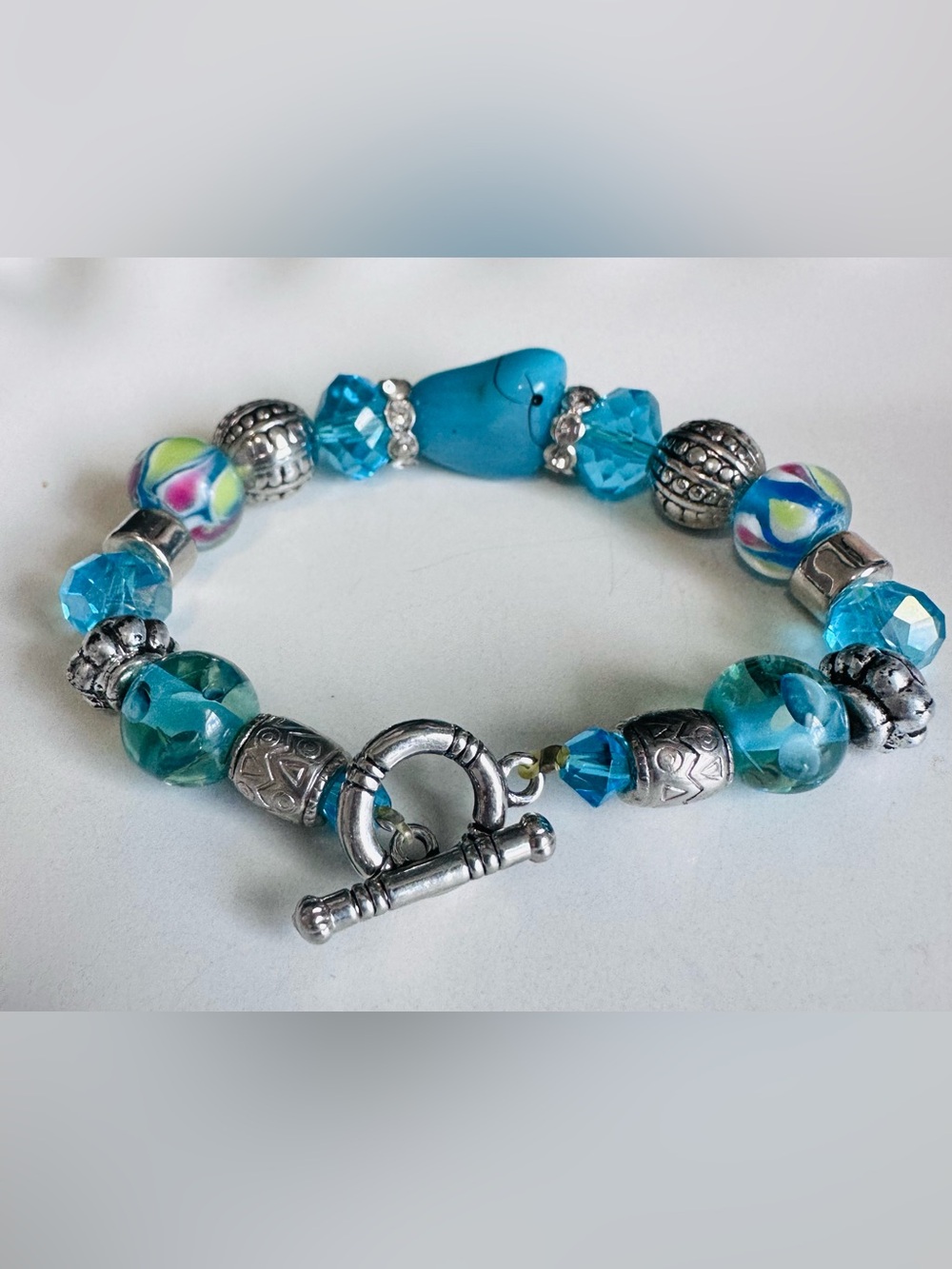 Blue Turquoise Stone Beaded Bracelet Silver Plated Toggle Clasp Elephant Boho
